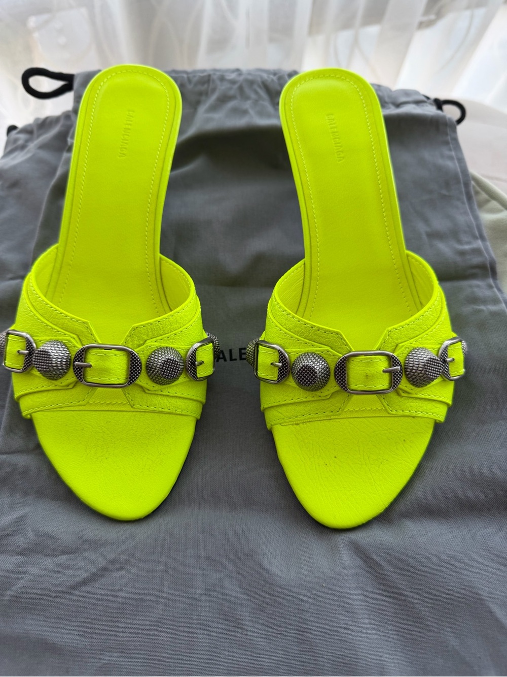 Balenciaga Cagole Yellow Leather Kitty Heel Sandals Silver Hardware Size 35.5